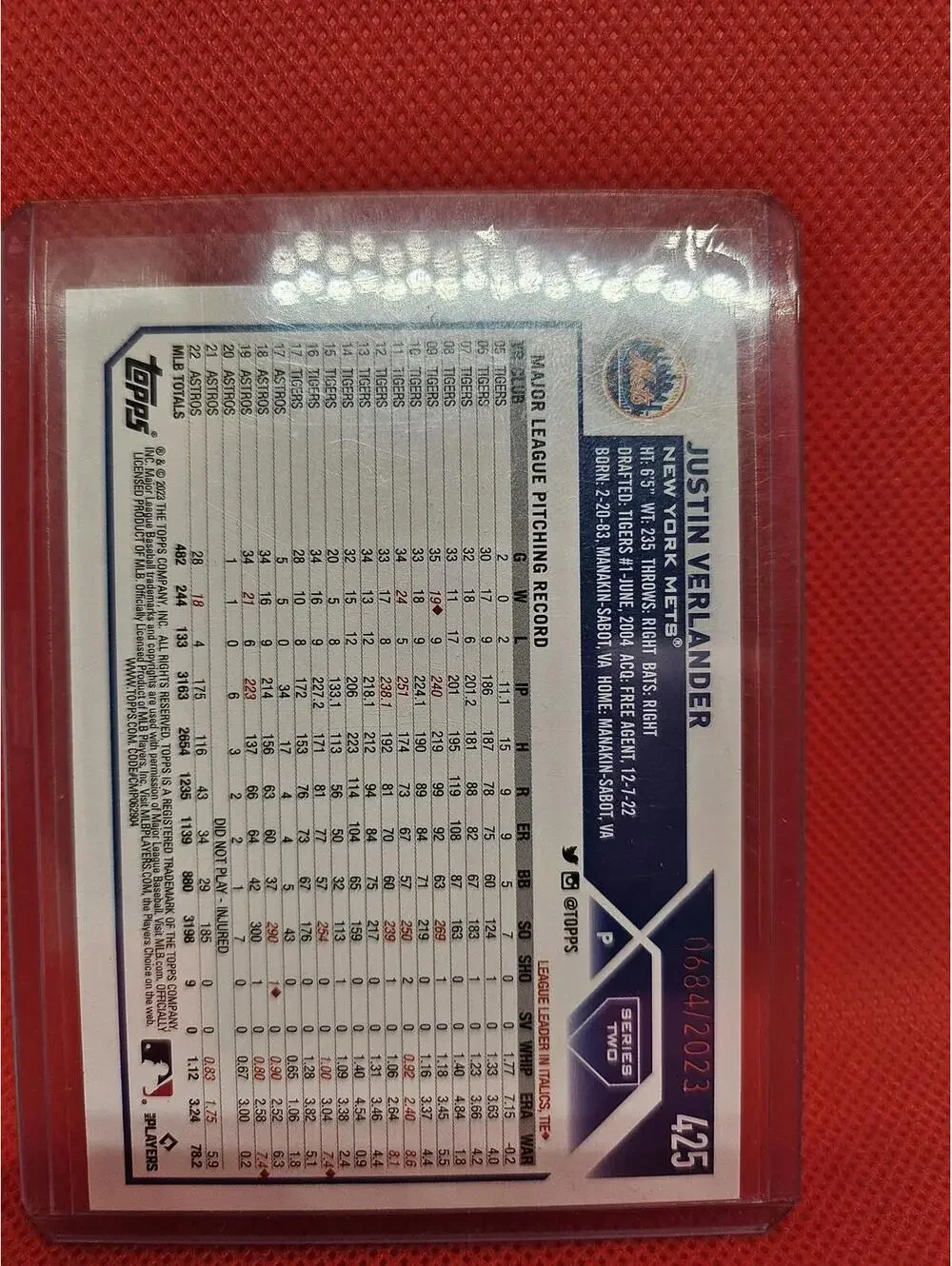 Justin Verlander - 2023 Topps - New York Mets #425 - RAW Mint